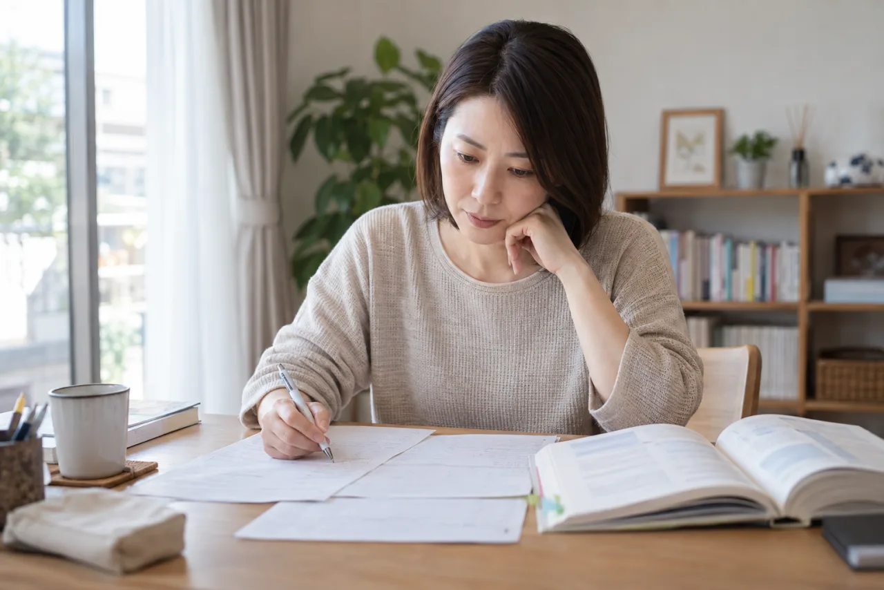 日本人女性が宅建の過去問で間違いの理由を確認している
