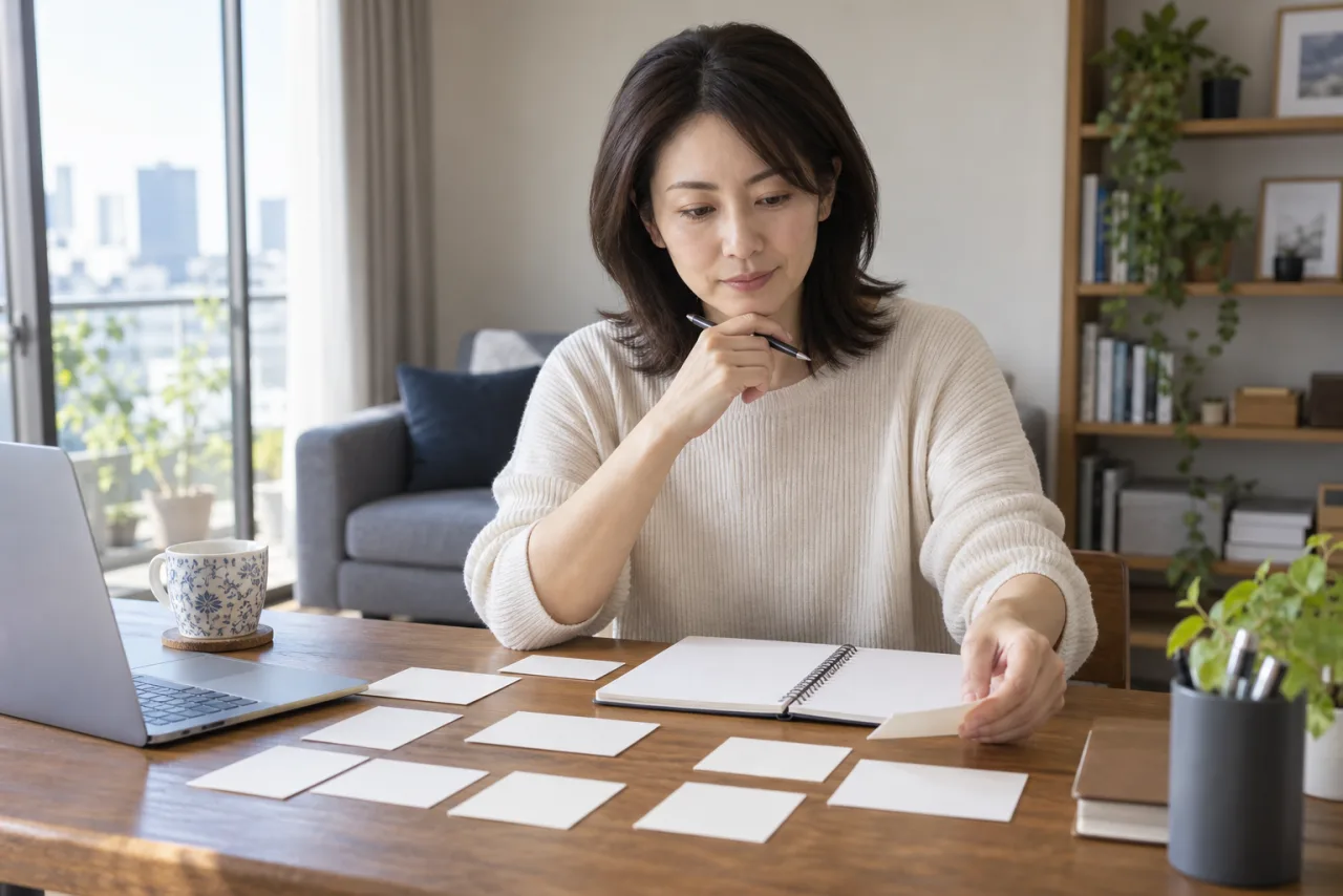 日本人女性が宅建を取った後に使いたい場面をメモしている