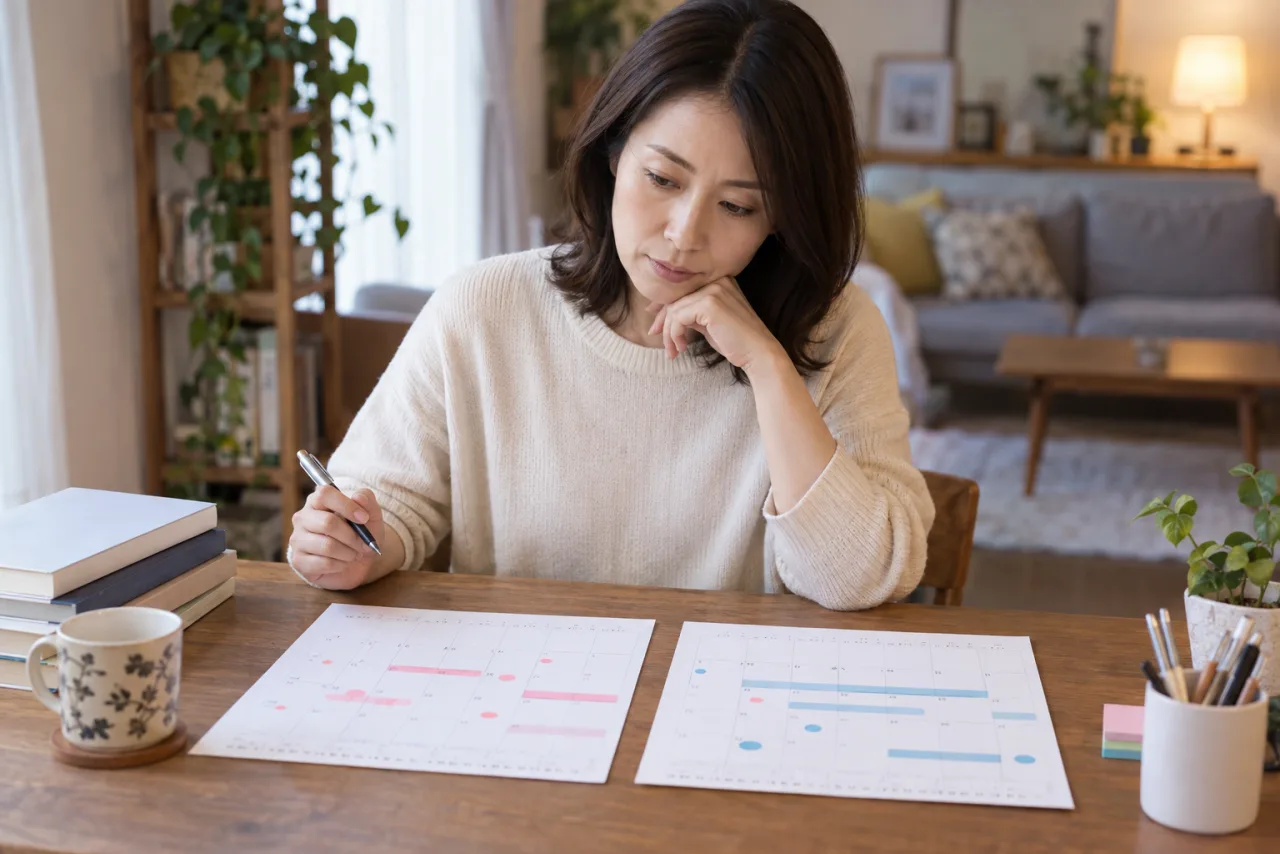日本人女性が宅建の3か月と半年の学習計画を比較している