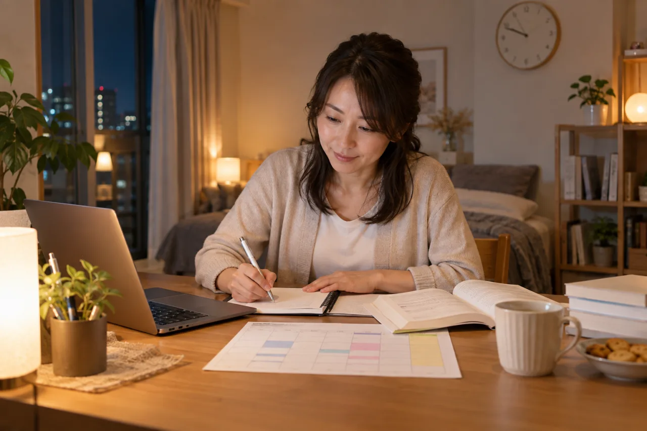 日本人女性が仕事と家事の間に宅建の学習時間を組み込んでいる
