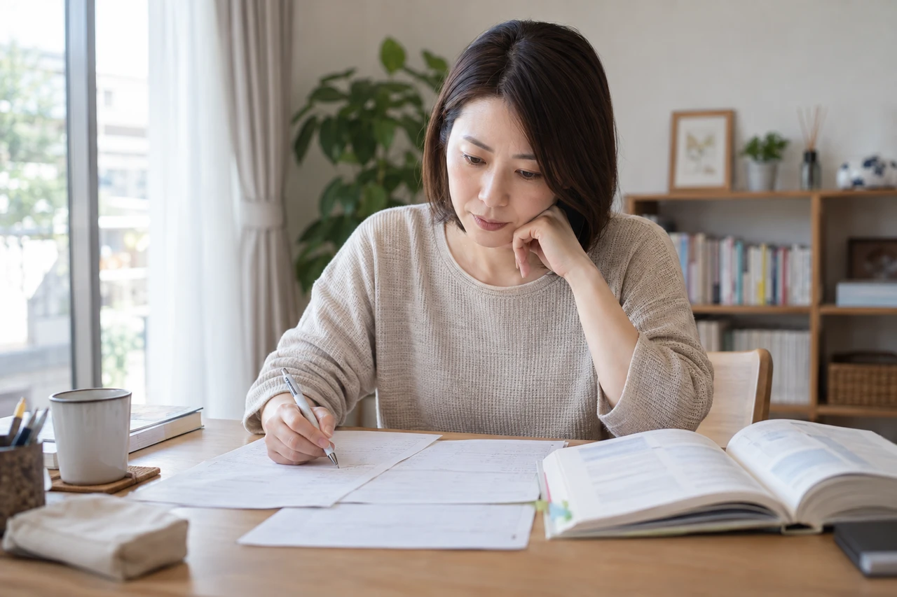 日本人女性が宅建の過去問で間違いの理由を確認している