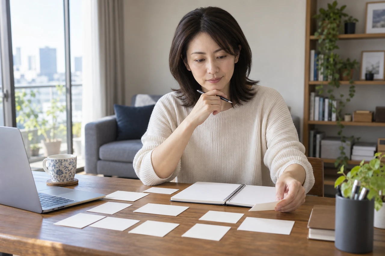 日本人女性が宅建を取った後に使いたい場面をメモしている