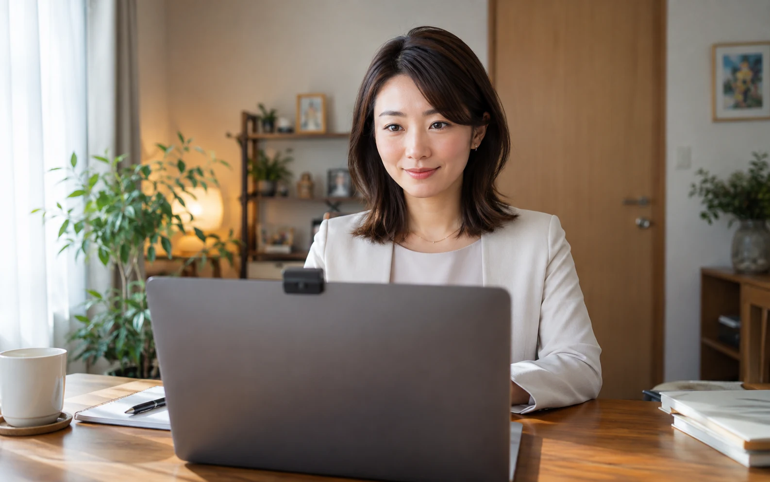 女性がオンライン面接のカメラ画角と照明と背景と服装を確認している様子