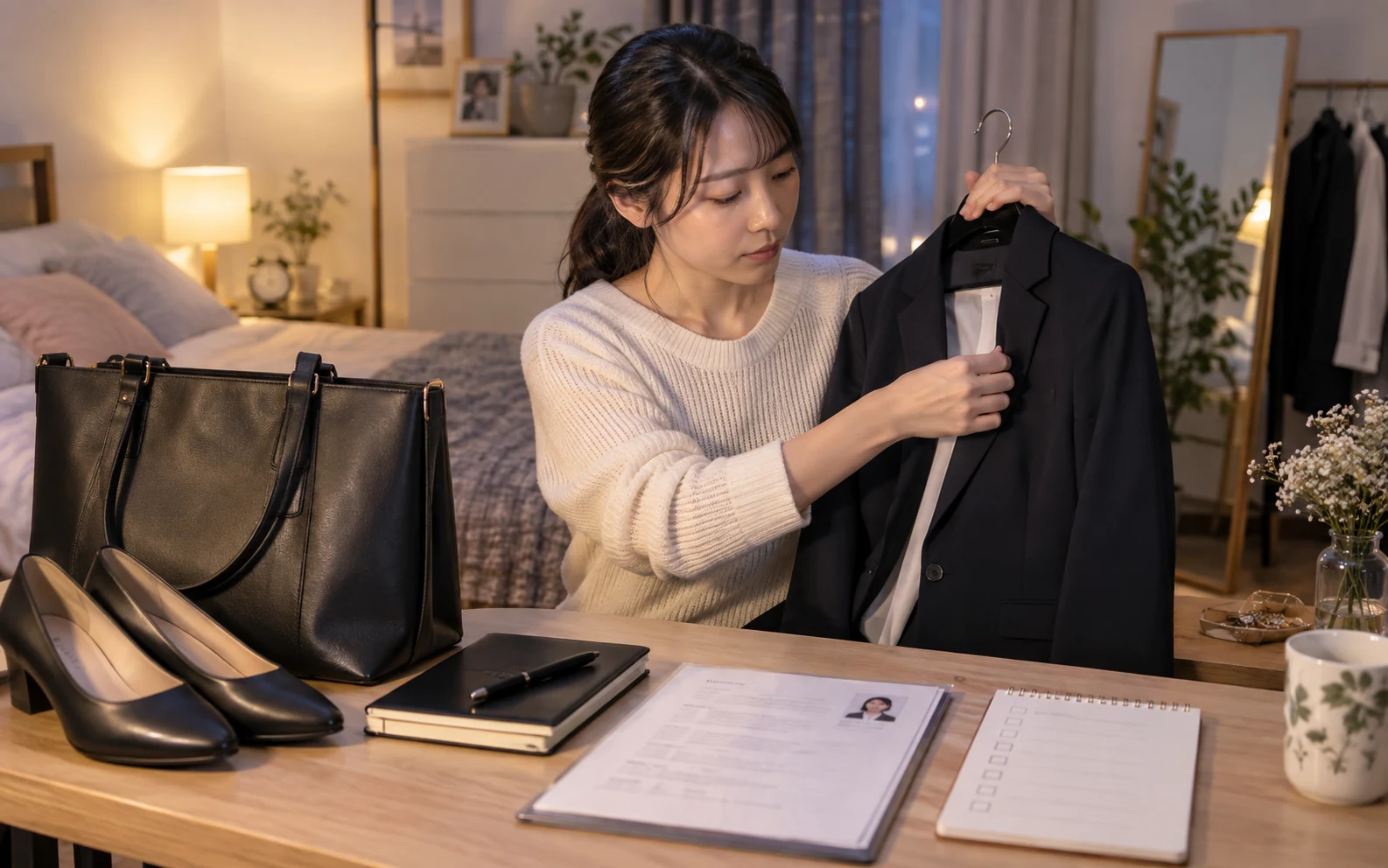 女性が面接前日に服装と書類と交通と質問をチェックリストで確認している様子