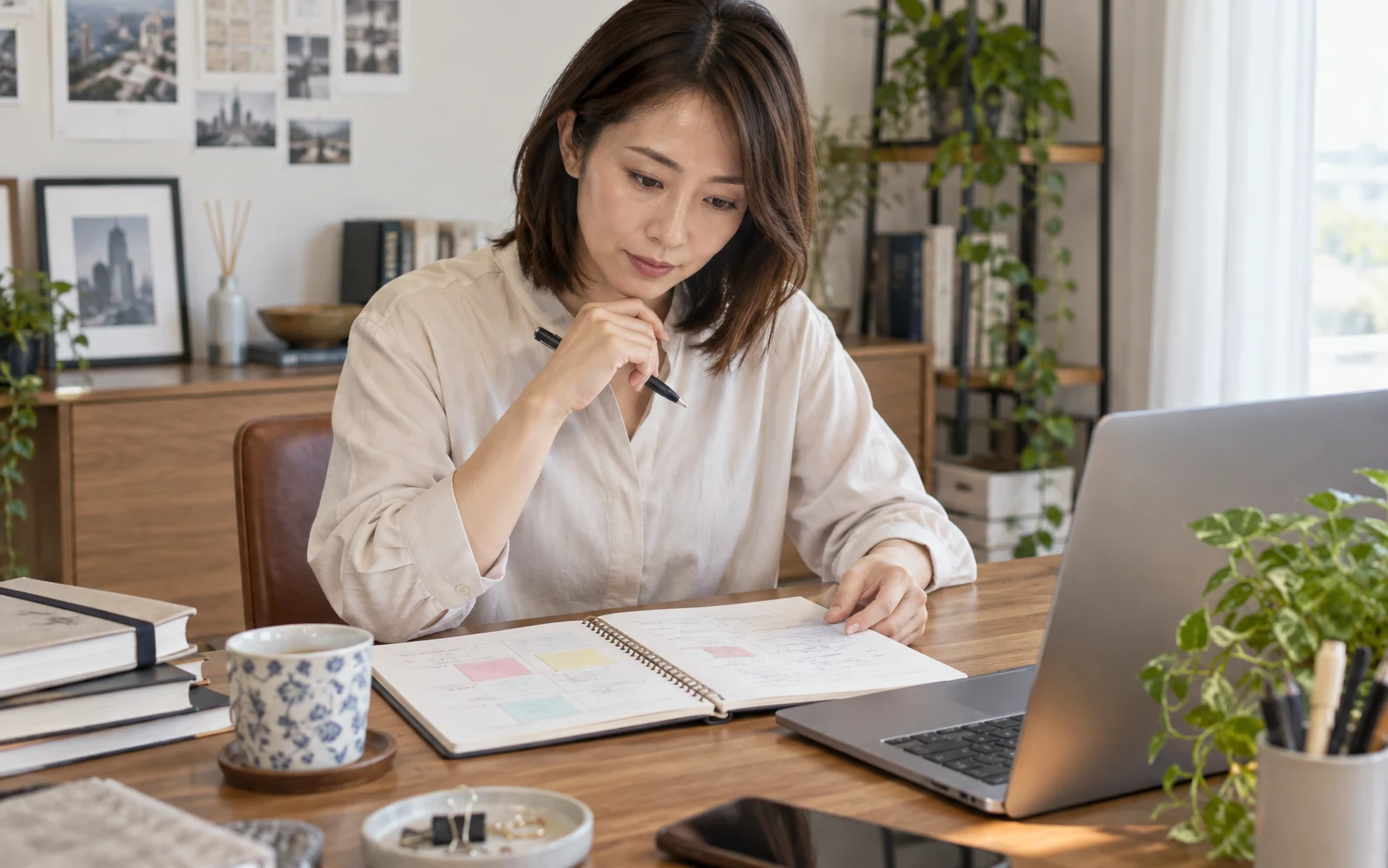 女性が面接で確認される職務経歴と働き方と質問をノートに整理している様子