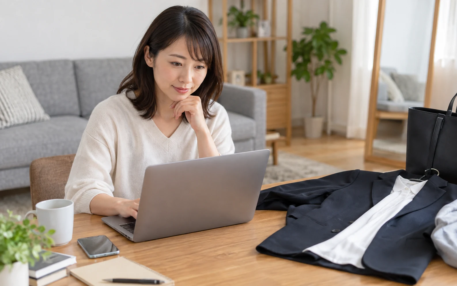 女性が面接の服装指定を問い合わせる文面と当日の服装を最終確認している様子