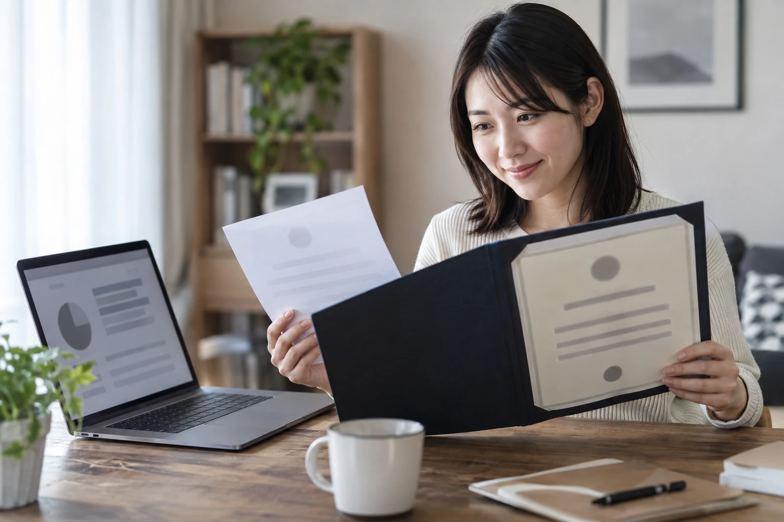 MOSの科目とレベルを確認しながら履歴書を作る女性