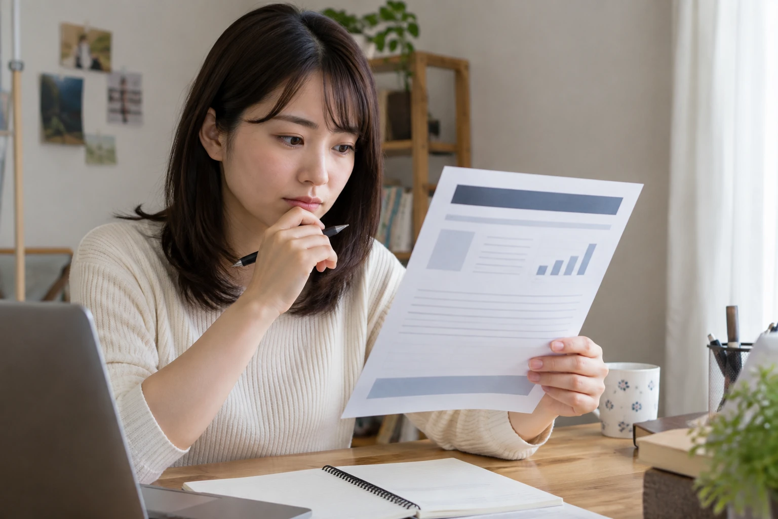 ITパスポート試験の合格証明と履歴書の記載を確認する女性