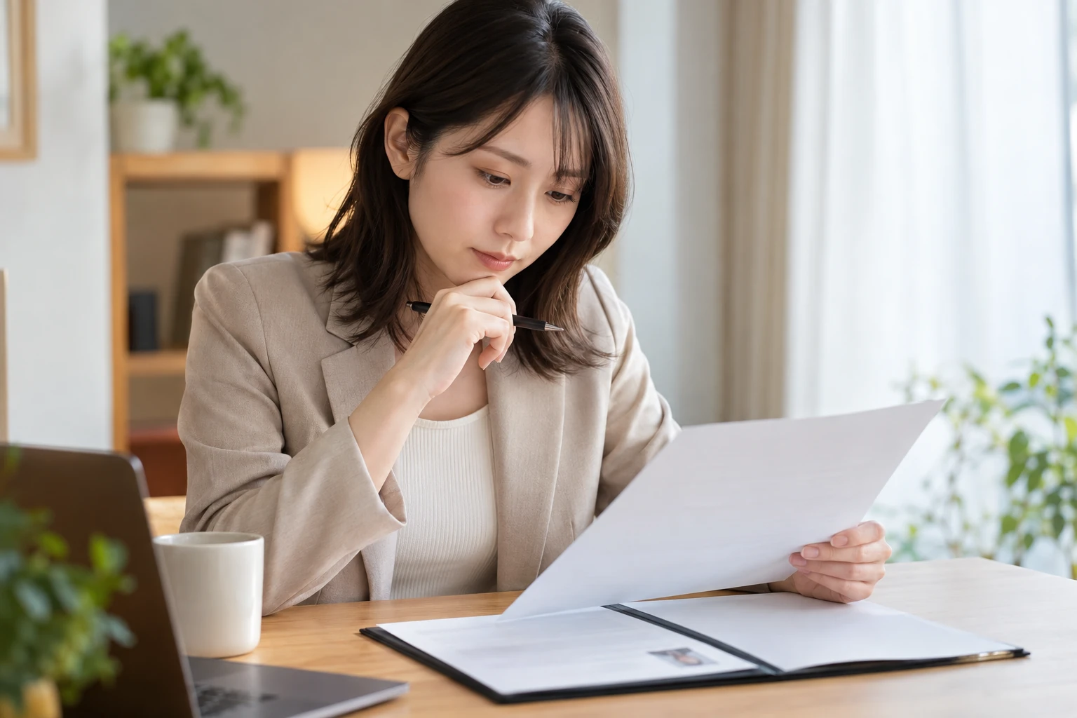 履歴書の資格名と取得年月を提出前に見直す女性
