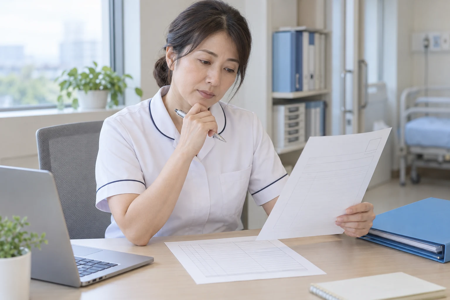 看護師が履歴書と職務経歴書の役割を分けて準備している様子