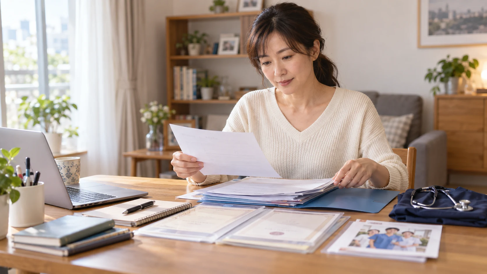 看護師が勤務先ごとの経験を表にして棚卸ししている様子