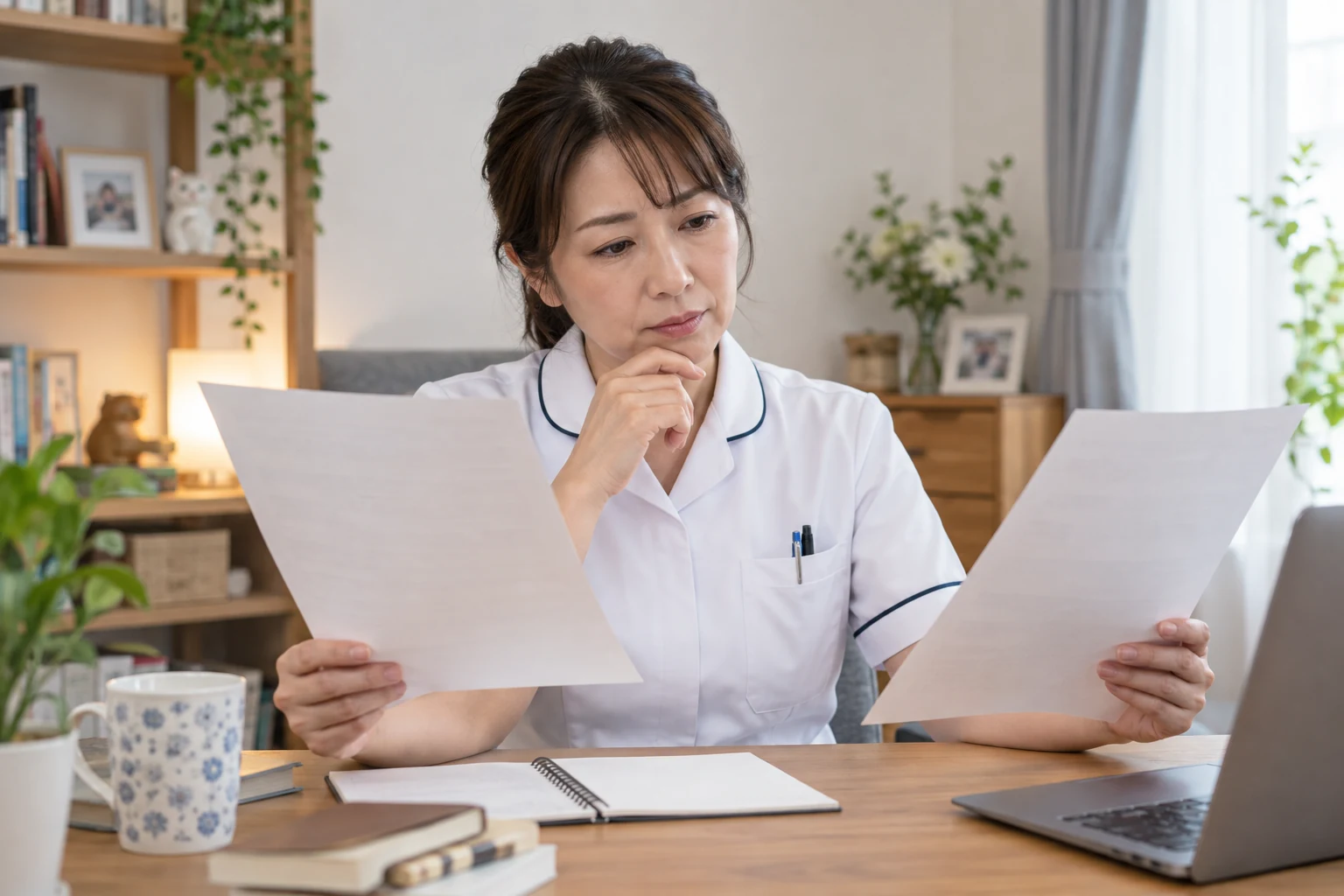 介護職が施設で担当した支援内容を職務経歴書に整理している様子