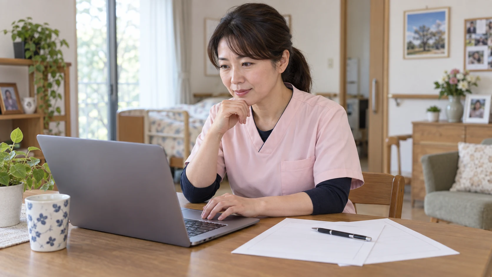 看護師が病院と施設の求人内容に合わせて志望動機を考えている様子
