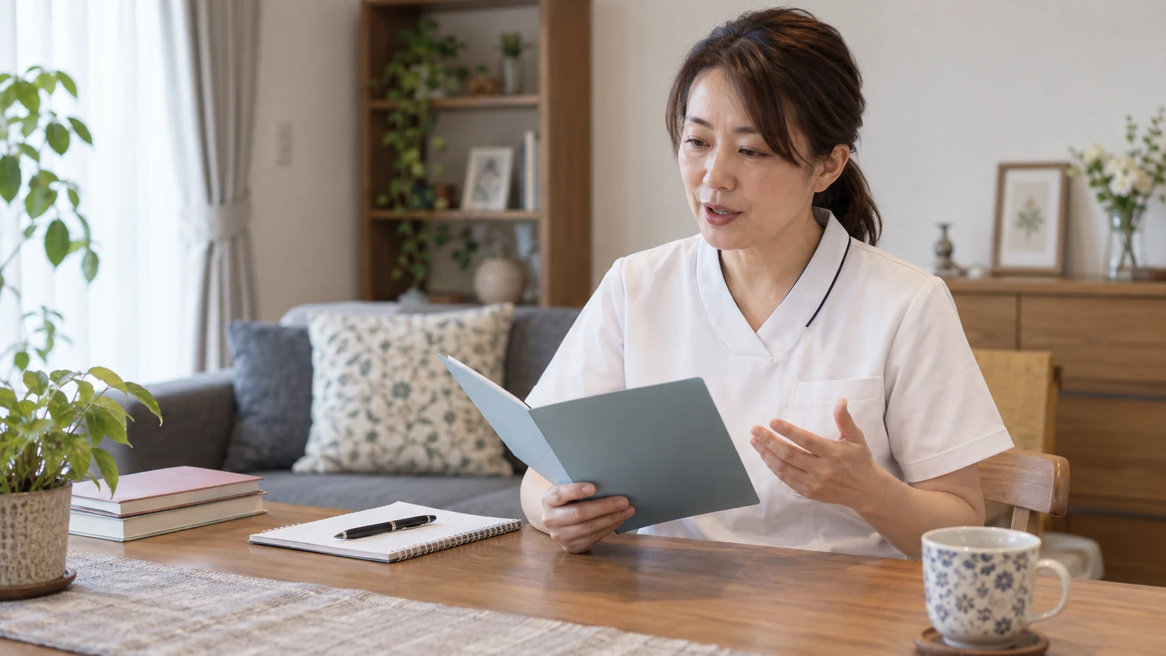 求人票の必須条件と看護師の応募書類を照合している様子