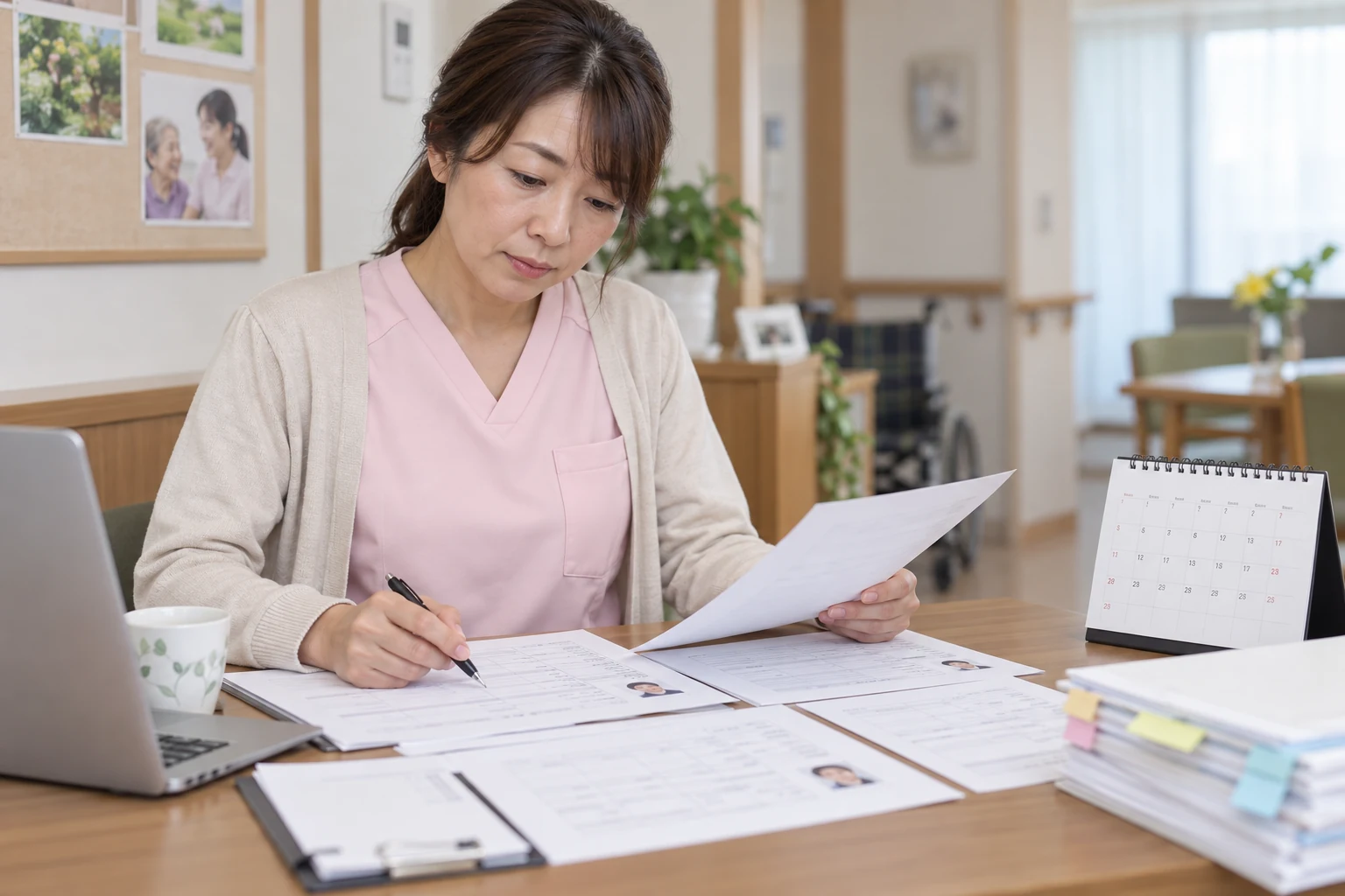 看護師が履歴書と職務経歴書の期間や資格名を最終確認している様子