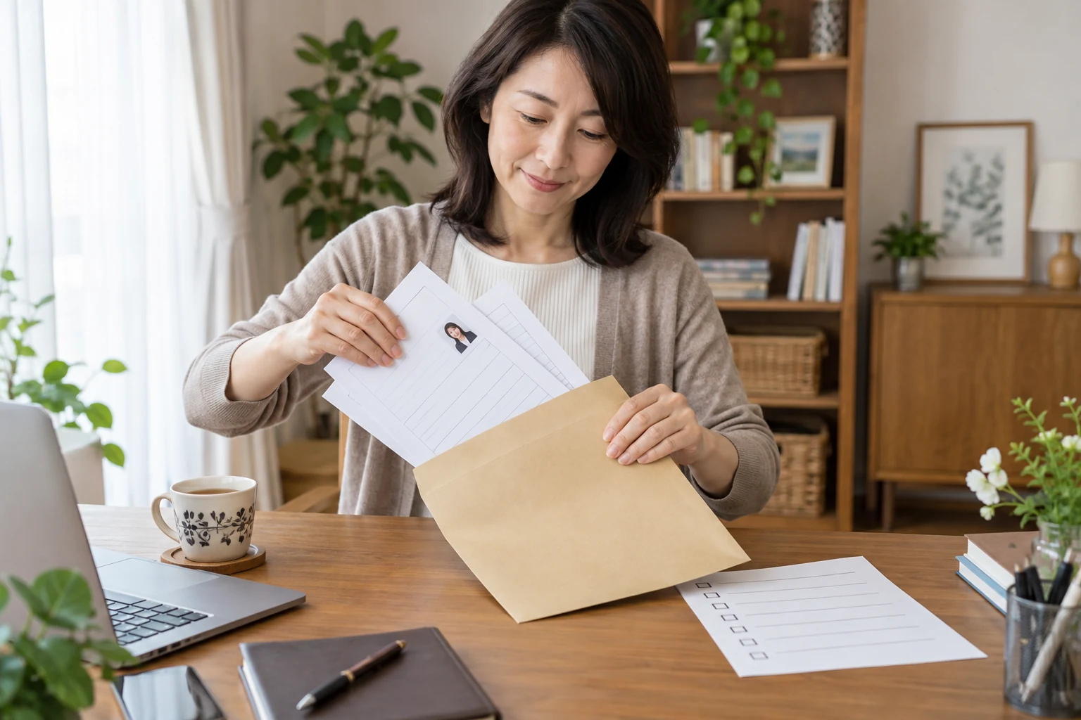 看護師が完成した履歴書と職務経歴書を封筒に入れて提出準備をしている様子