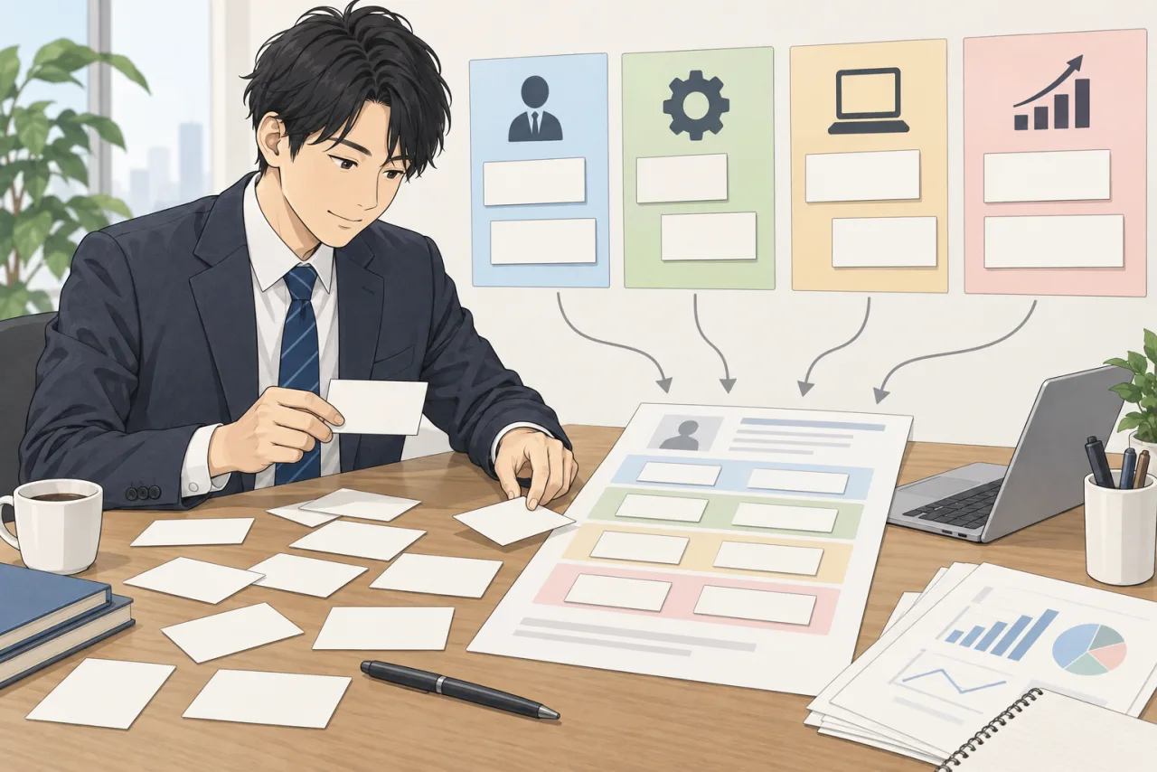日本人の会社員が職務経歴書に担当業務役割工夫と成果を整理している場面