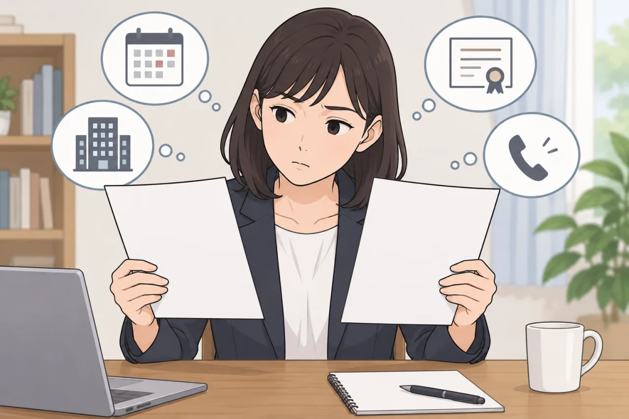 日本人の求職者が履歴書と職務経歴書の年月と職歴を照合している場面
