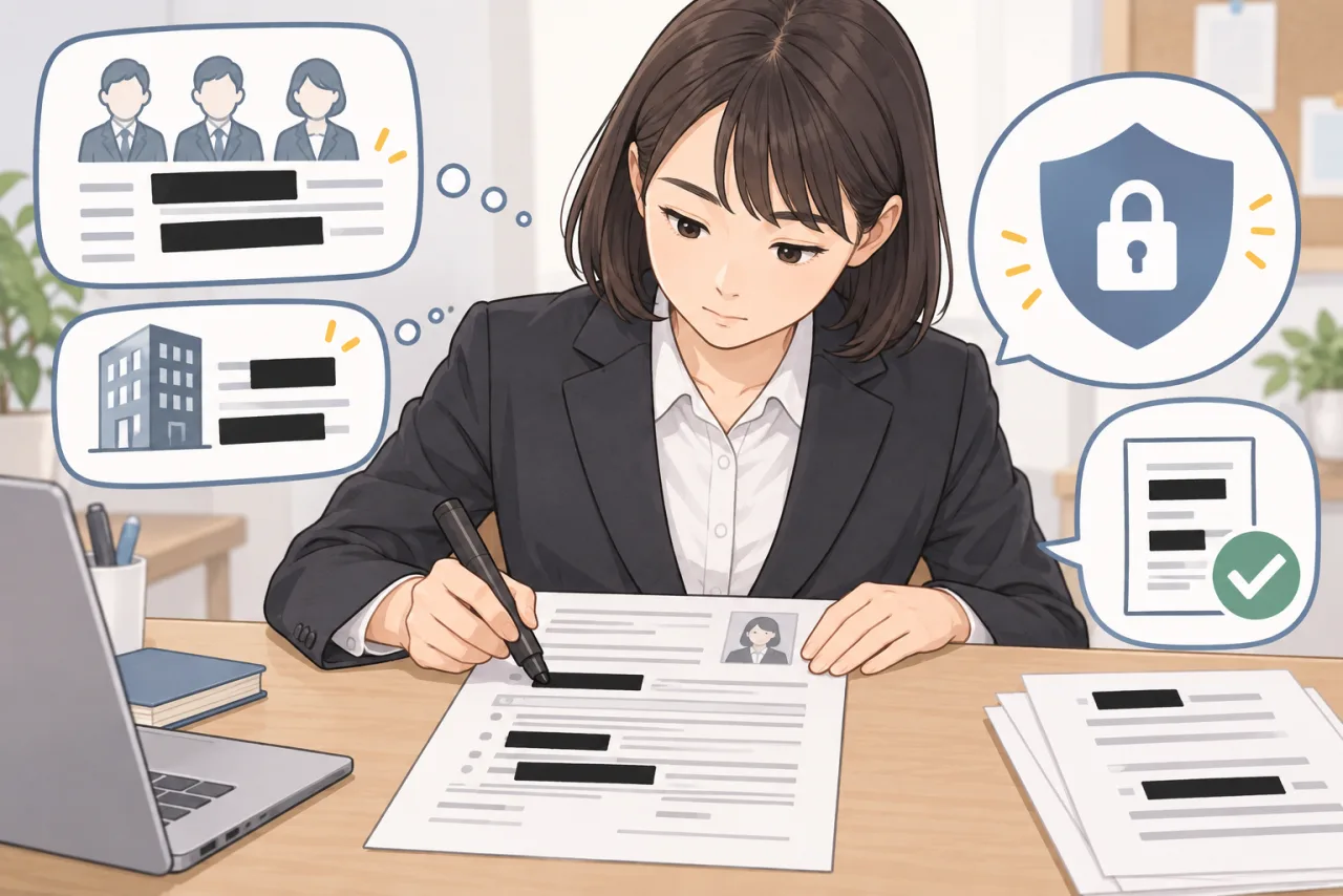 日本人の求職者が応募書類から顧客名や社内機密を除いて確認している場面