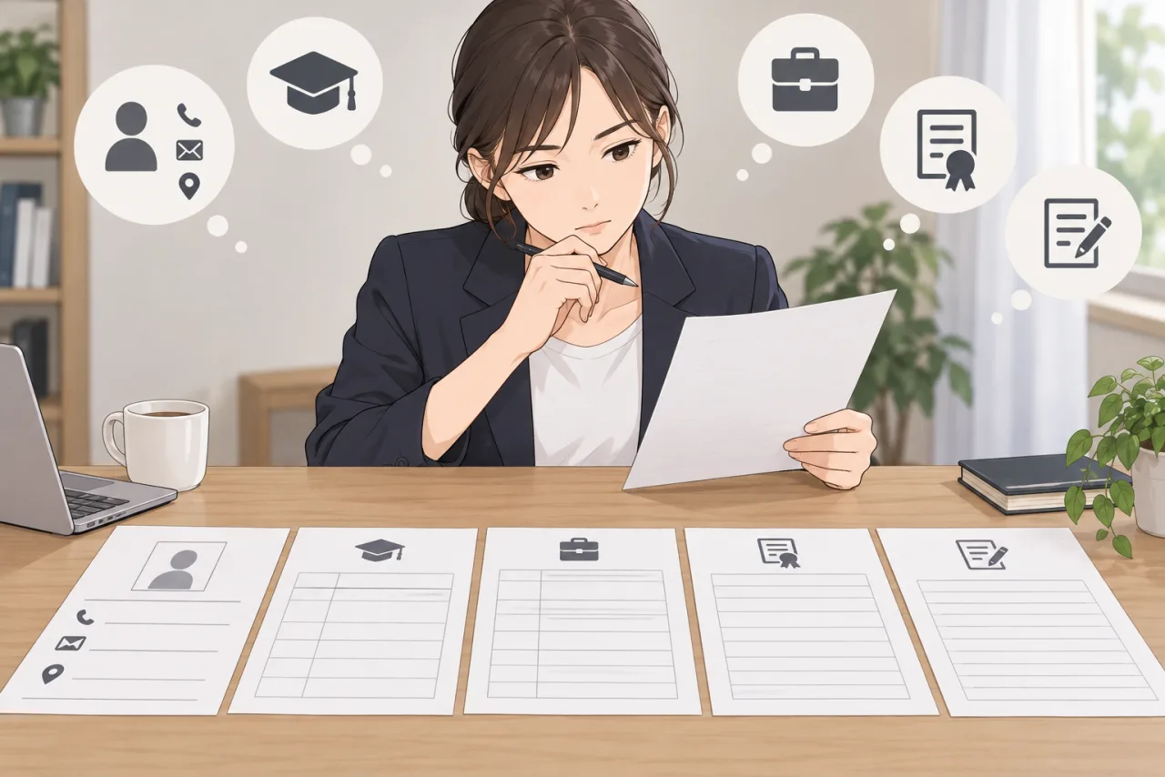 日本人の求職者が履歴書の氏名学歴職歴資格と志望動機を確認している場面