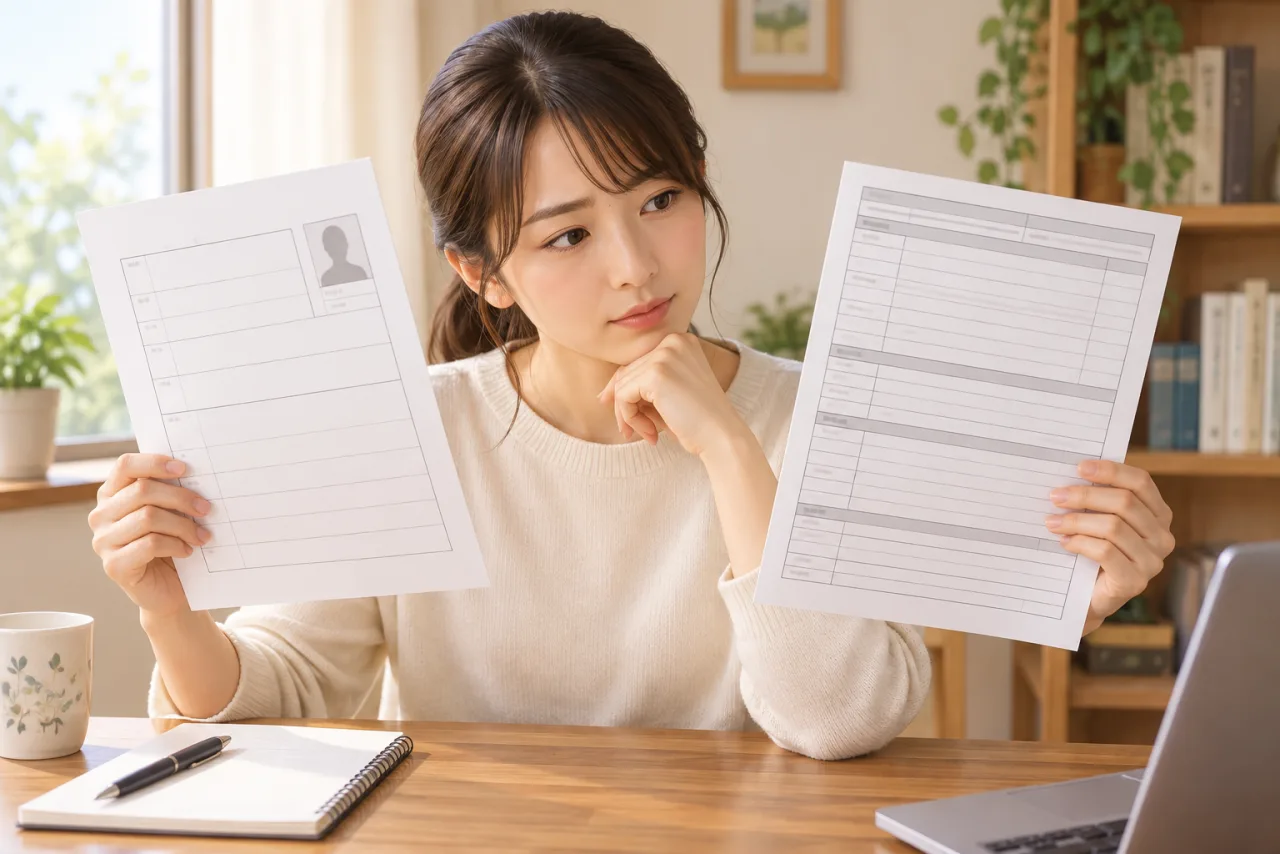 履歴書と職務経歴書の役割を分けて確認する日本人の求職者の図
