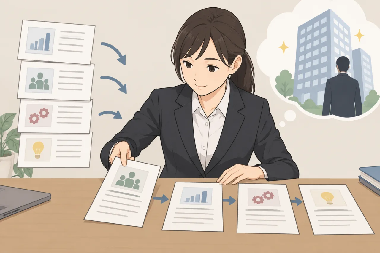 日本人の求職者が同じ職務経験を応募先の仕事内容に合わせて並べ替えている場面