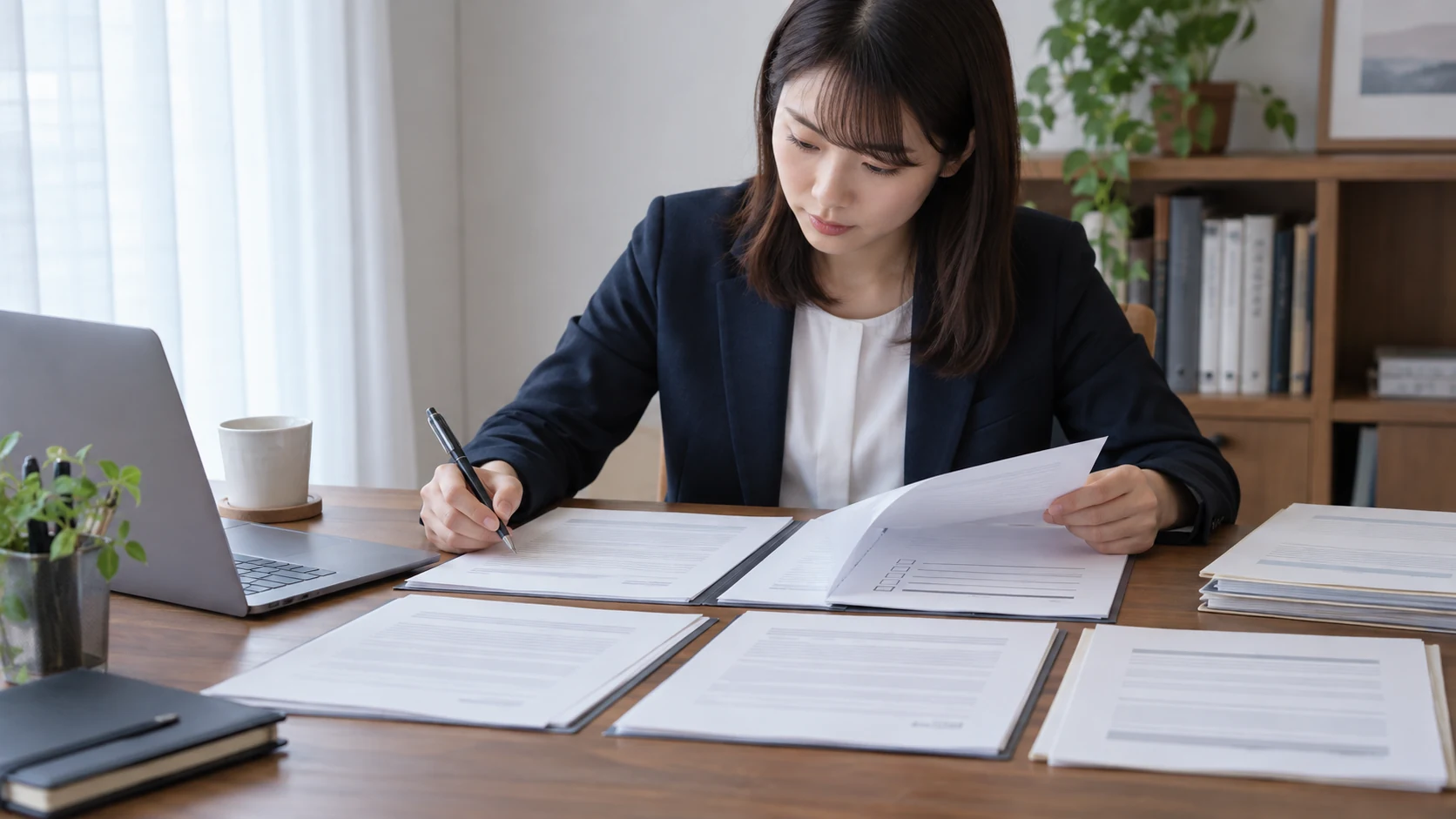 異なるレイアウトの応募書類を比較する日本人女性