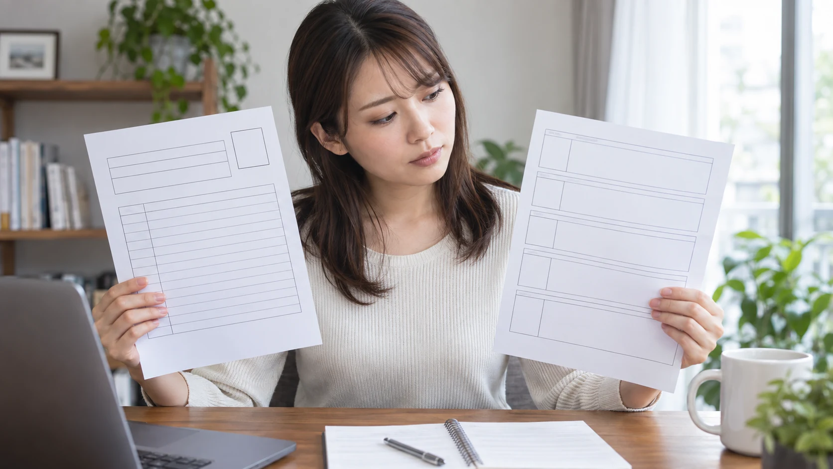 応募書類の誤字や記入漏れを確認する日本人女性