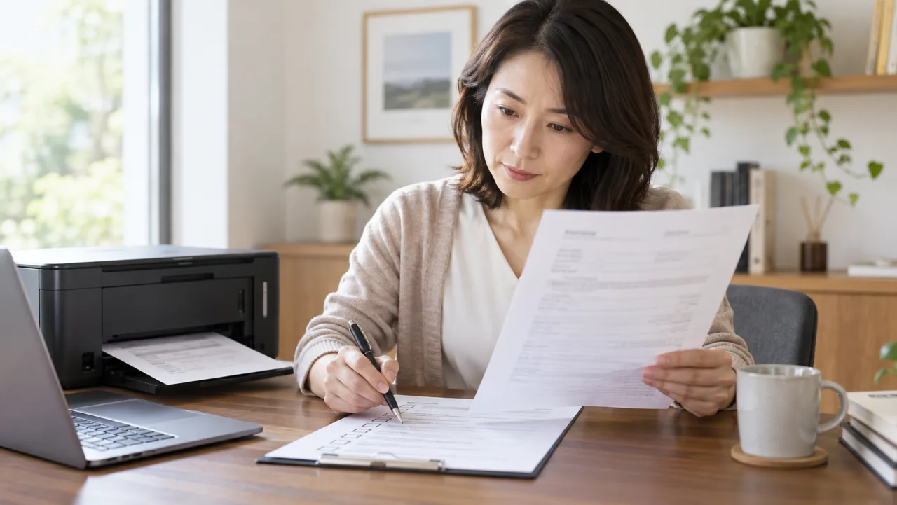 日本人女性が志望動機の文章を履歴書の枠に合わせて読み直す様子