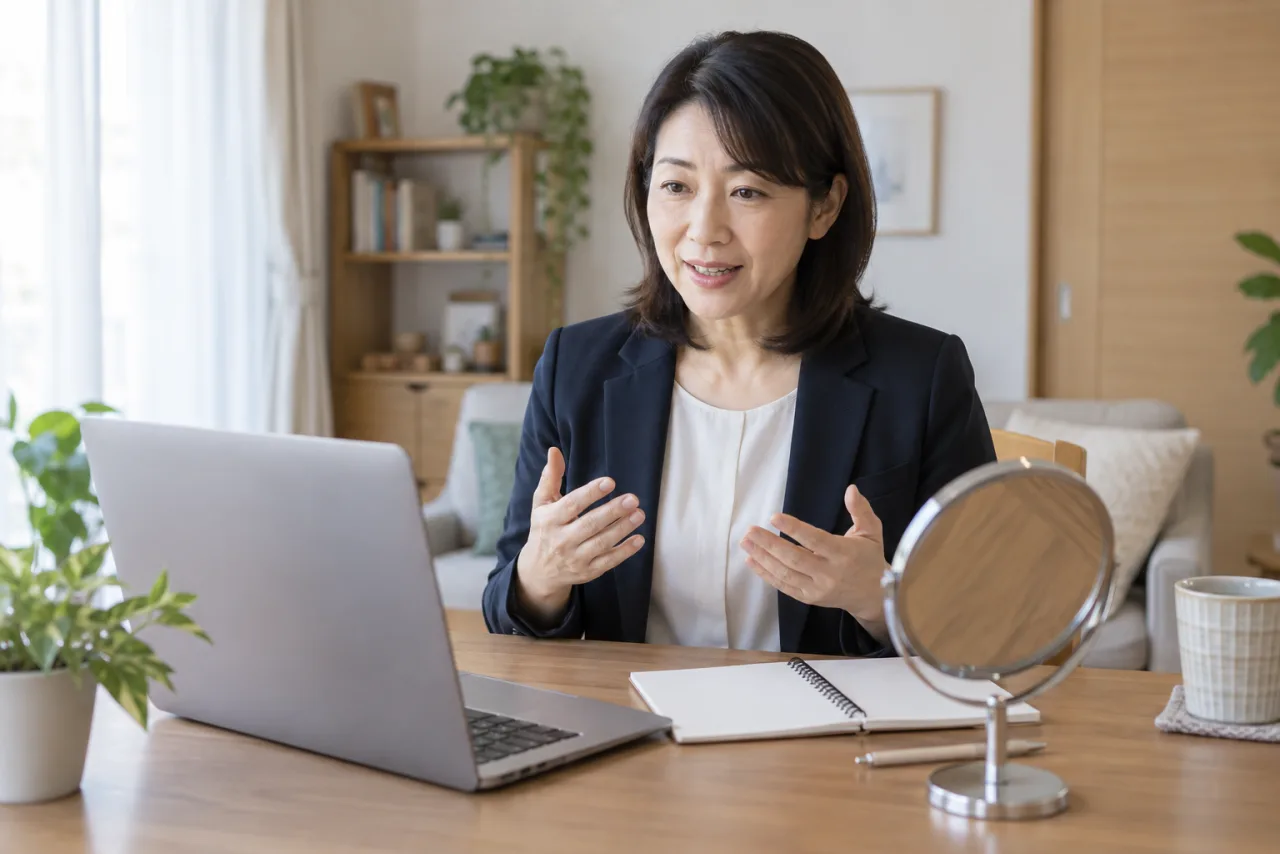 日本人女性が自己PRを面接で話す練習をしている