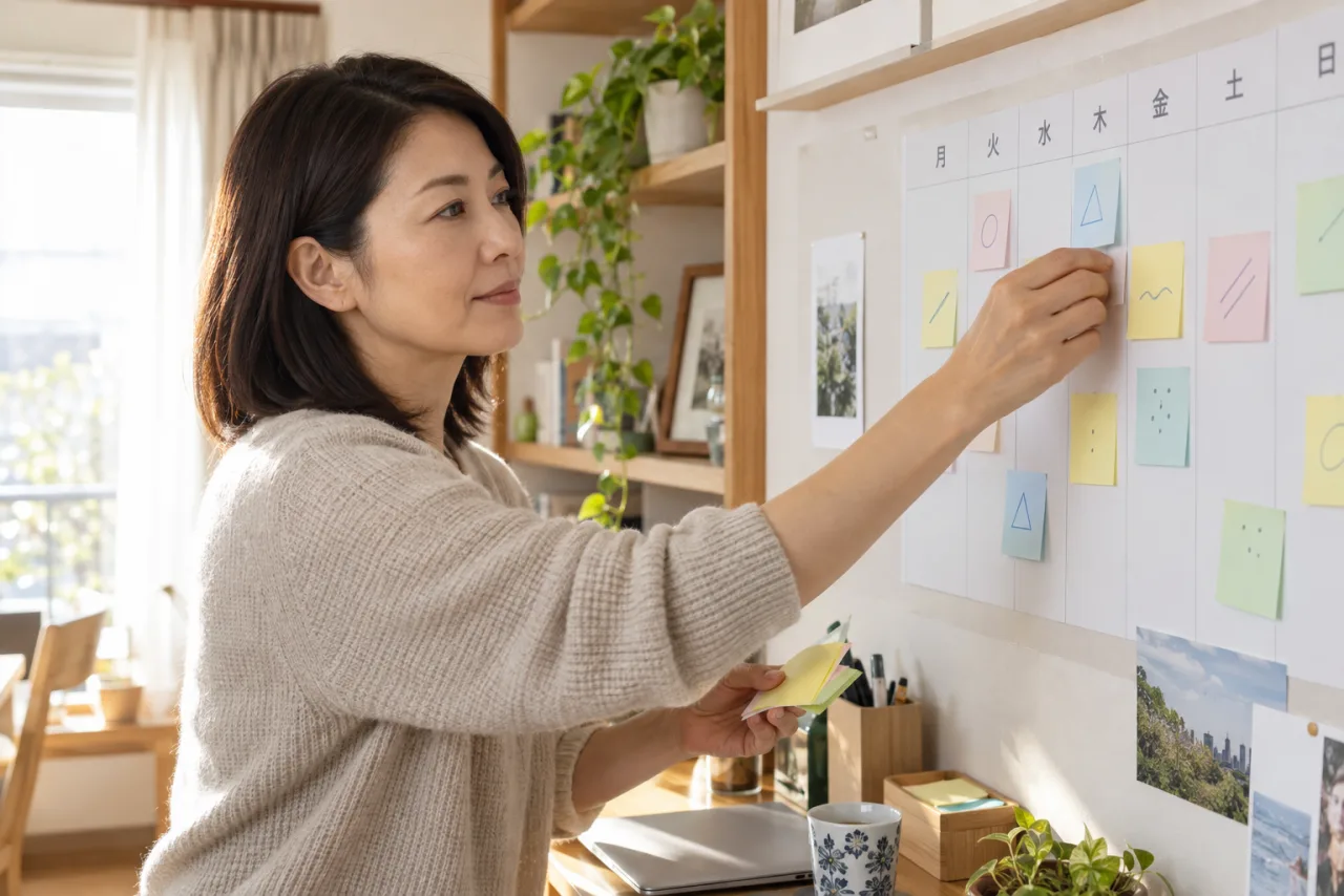 日本人女性が自己PR作成と面接準備を一週間の計画に整理している