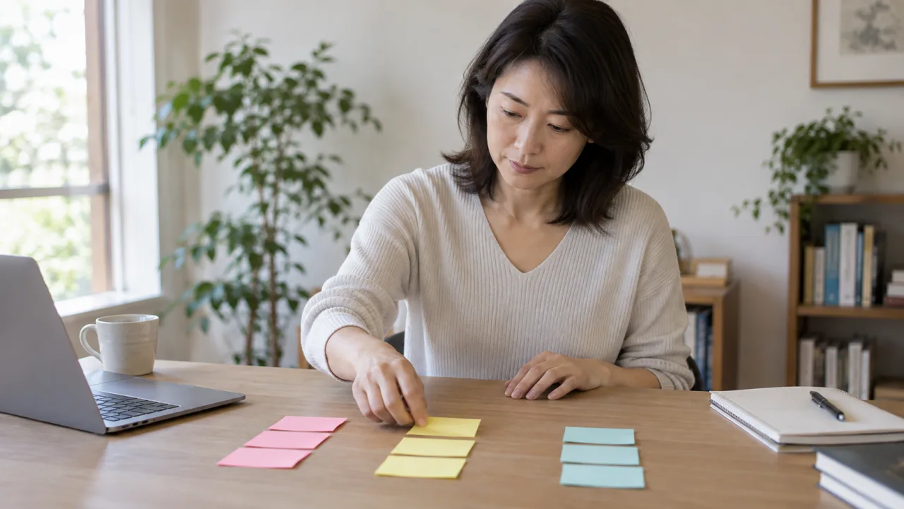 日本人男性がカレンダーとカードで職歴の年月を整理している様子