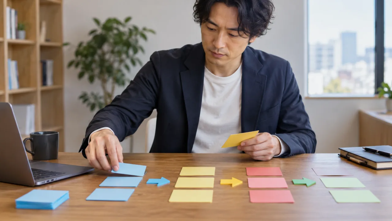 日本人女性が色の違う付箋で職務経歴を整理している様子