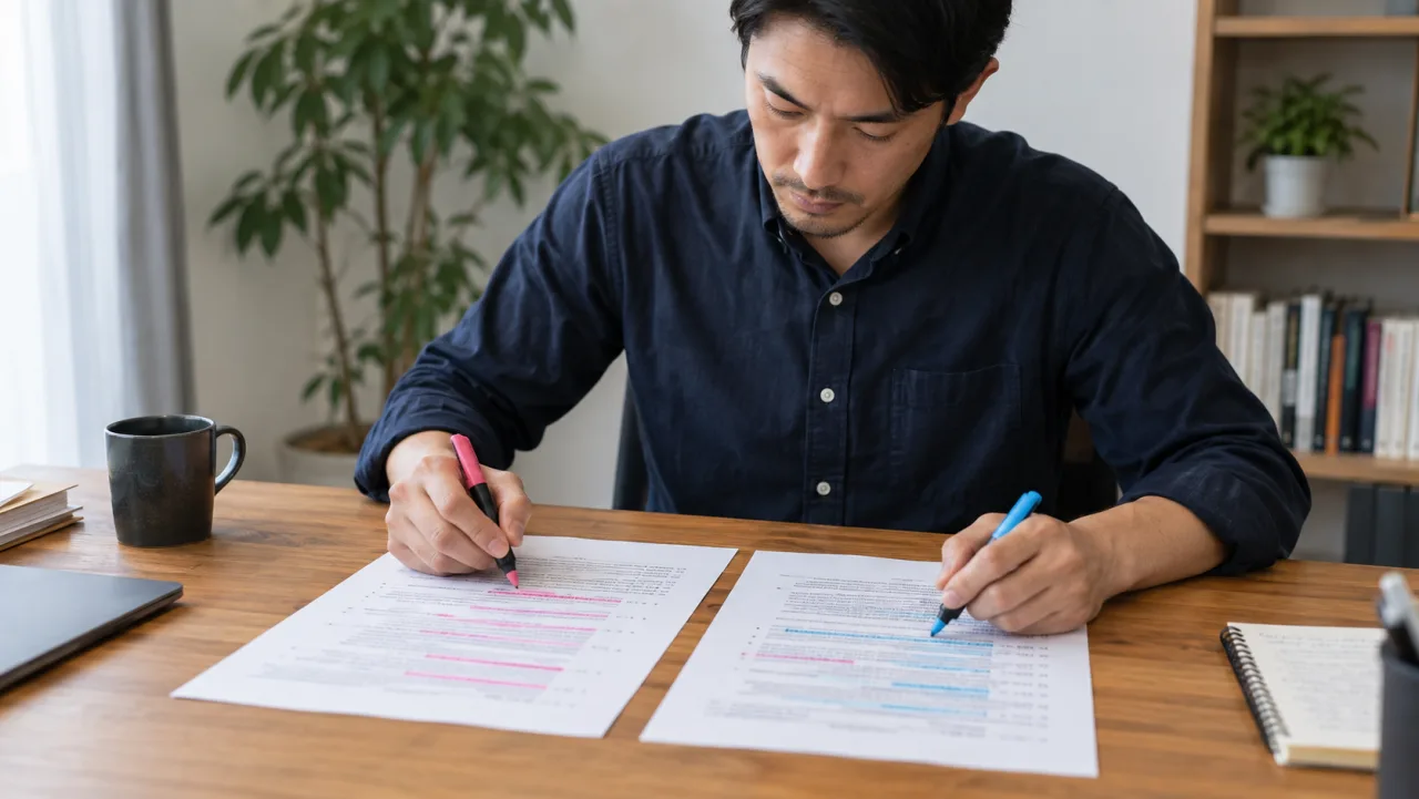 日本人女性がノートと資料を見ながら仕事で学んだことを整理している様子