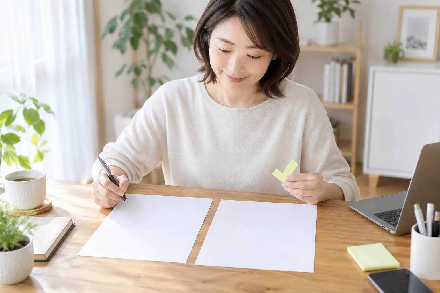 日本人女性が履歴書と求人票を並べて最終確認する