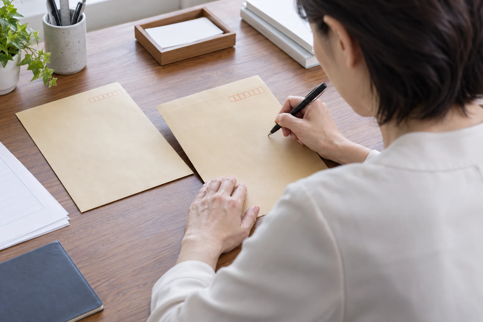 日本人女性が履歴書郵送用封筒の宛名と差出人を確認する