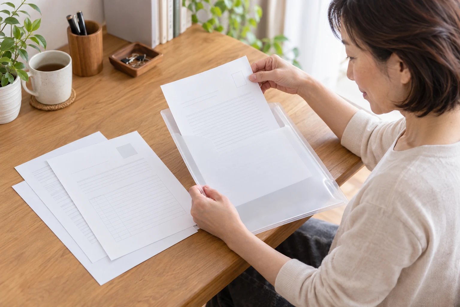 日本人女性が送付状と履歴書と職務経歴書の順番をそろえる