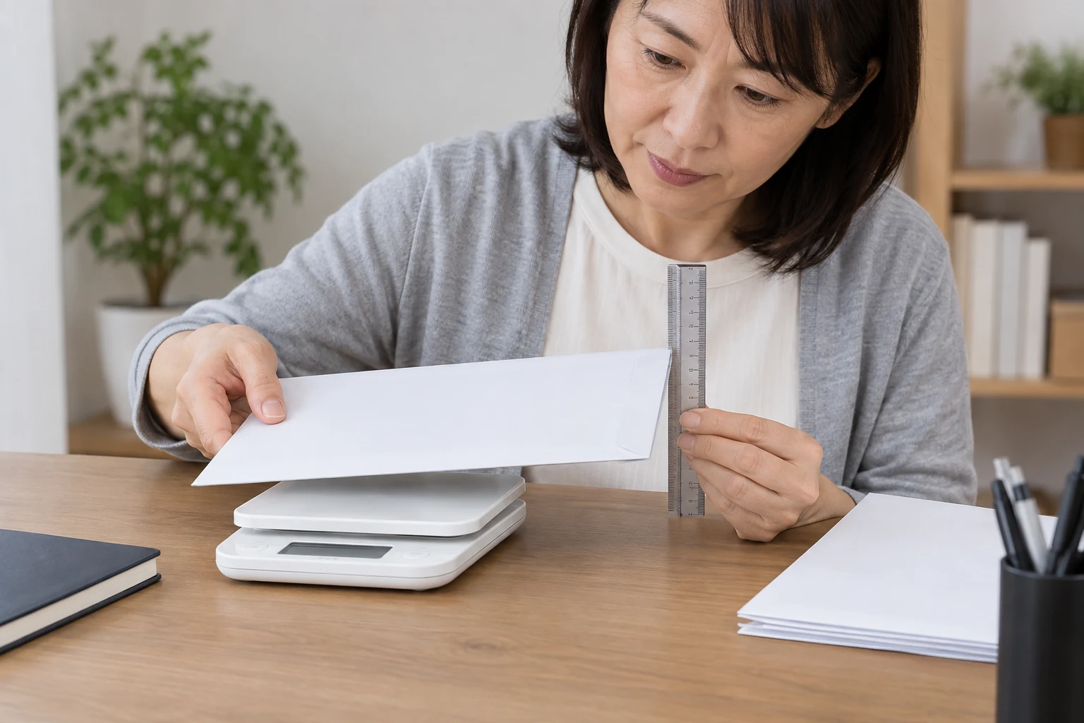 日本人女性が履歴書入り封筒の重さと厚さを測る