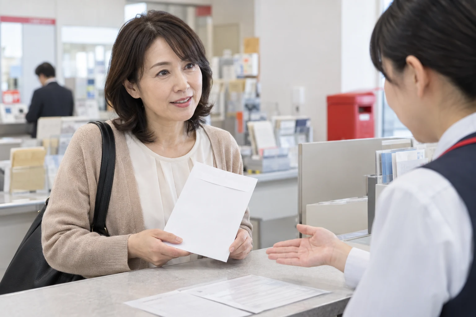 日本人女性が履歴書郵送の普通郵便と速達の選択を確認する