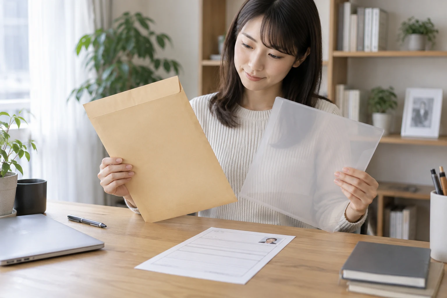 履歴書が折れないサイズの封筒とクリアファイルを選んでいる様子