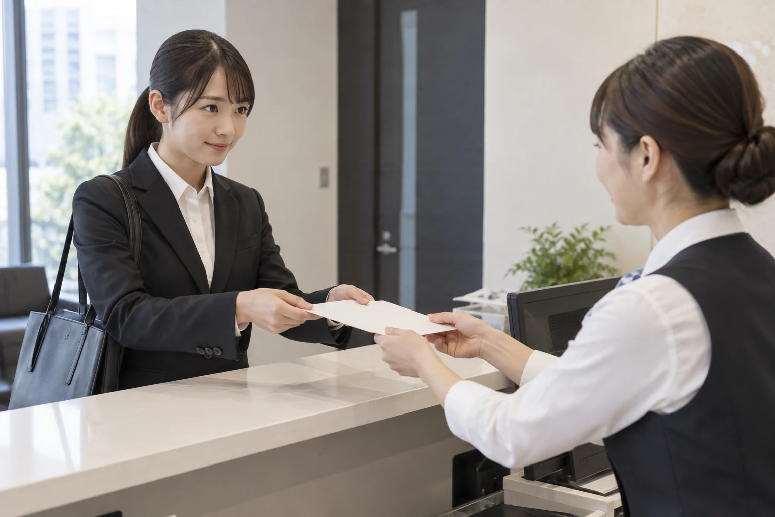受付担当者へ履歴書の入った封筒を両手で渡している様子