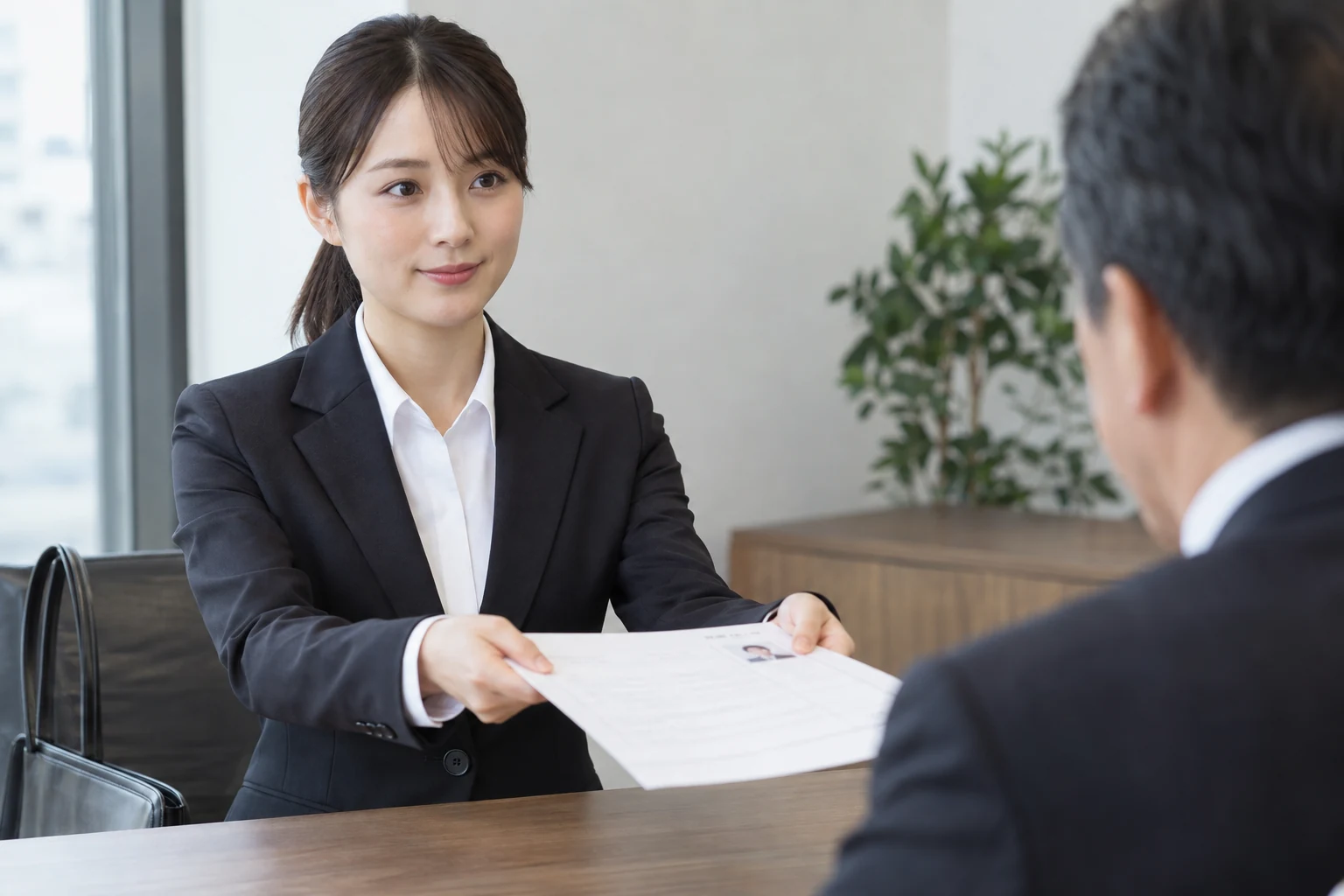 面接官へ履歴書を相手が読める向きで手渡している様子
