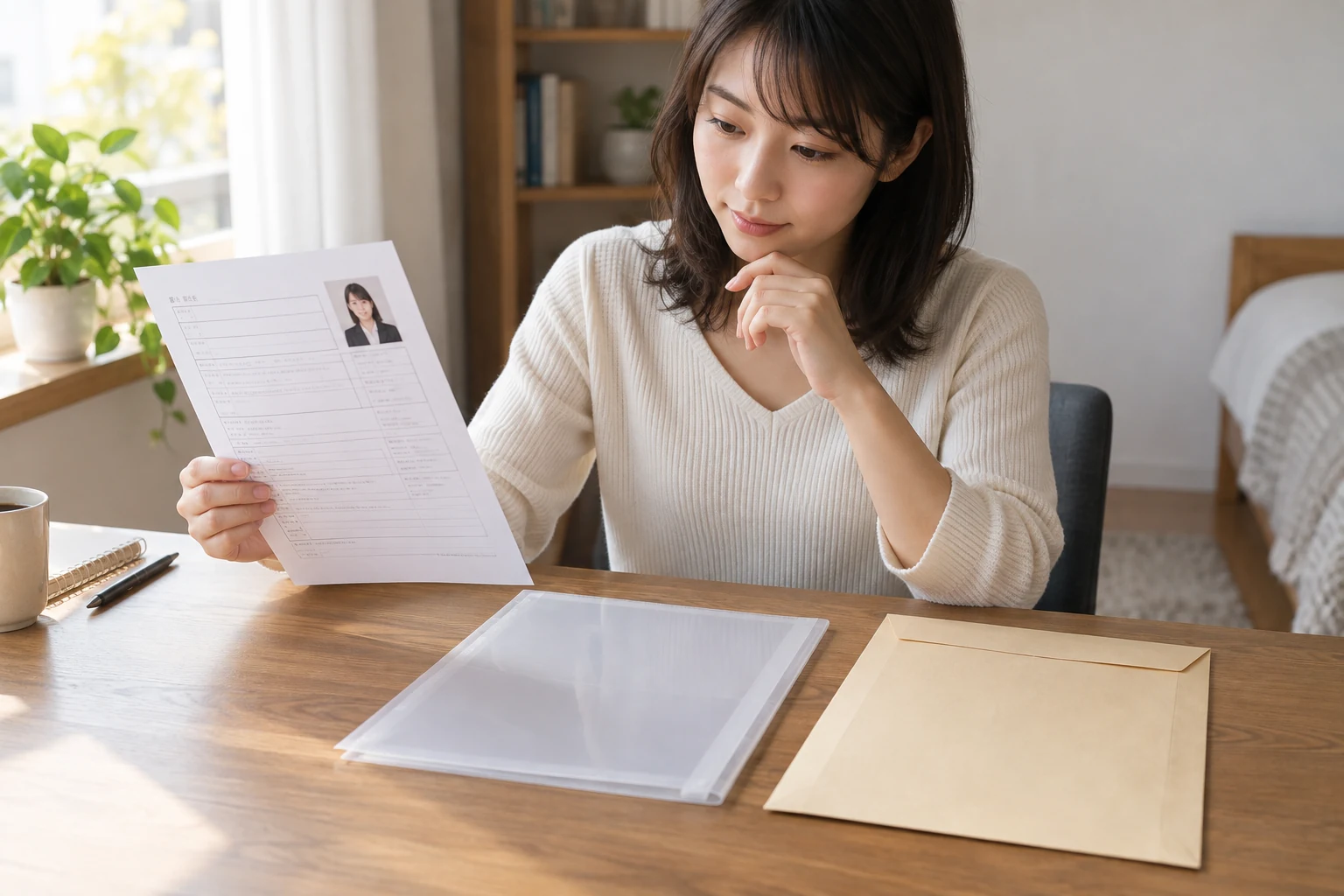 封筒とクリアファイルの役割を履歴書と一緒に確認している様子