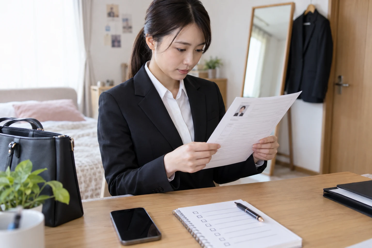 面接会場へ向かう前に履歴書の写真と日付を確認している様子