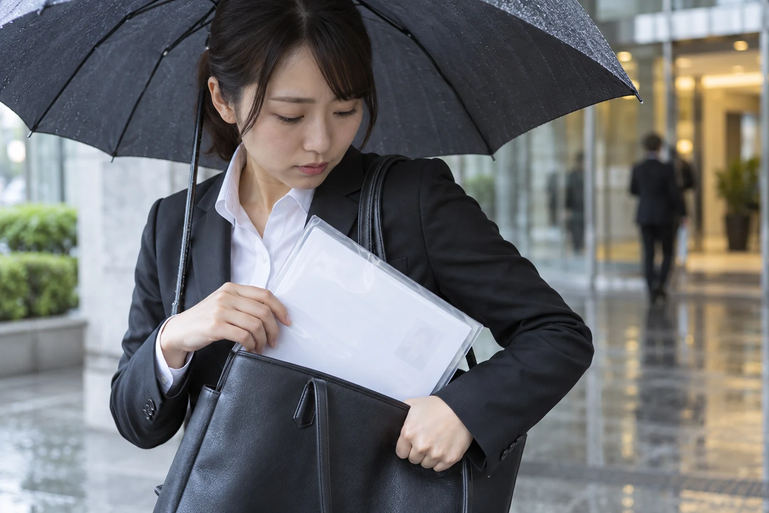 雨の日に履歴書を濡らさないようバッグの書類ケースへ入れている様子