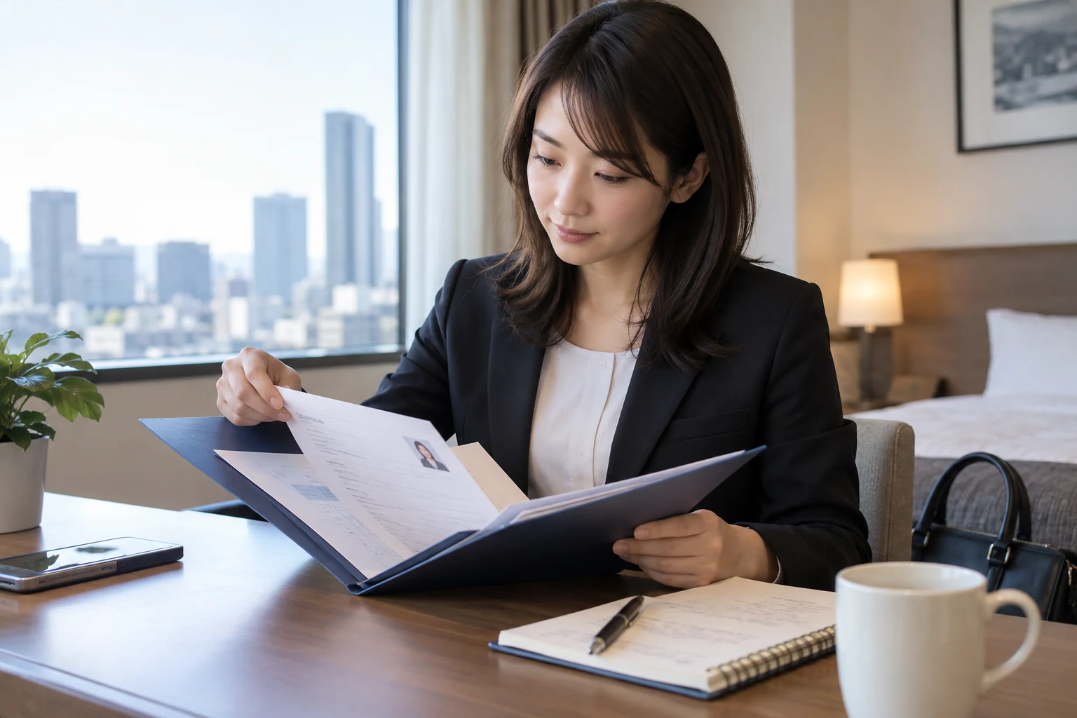 面接後に提出書類と追加提出の予定を整理している様子