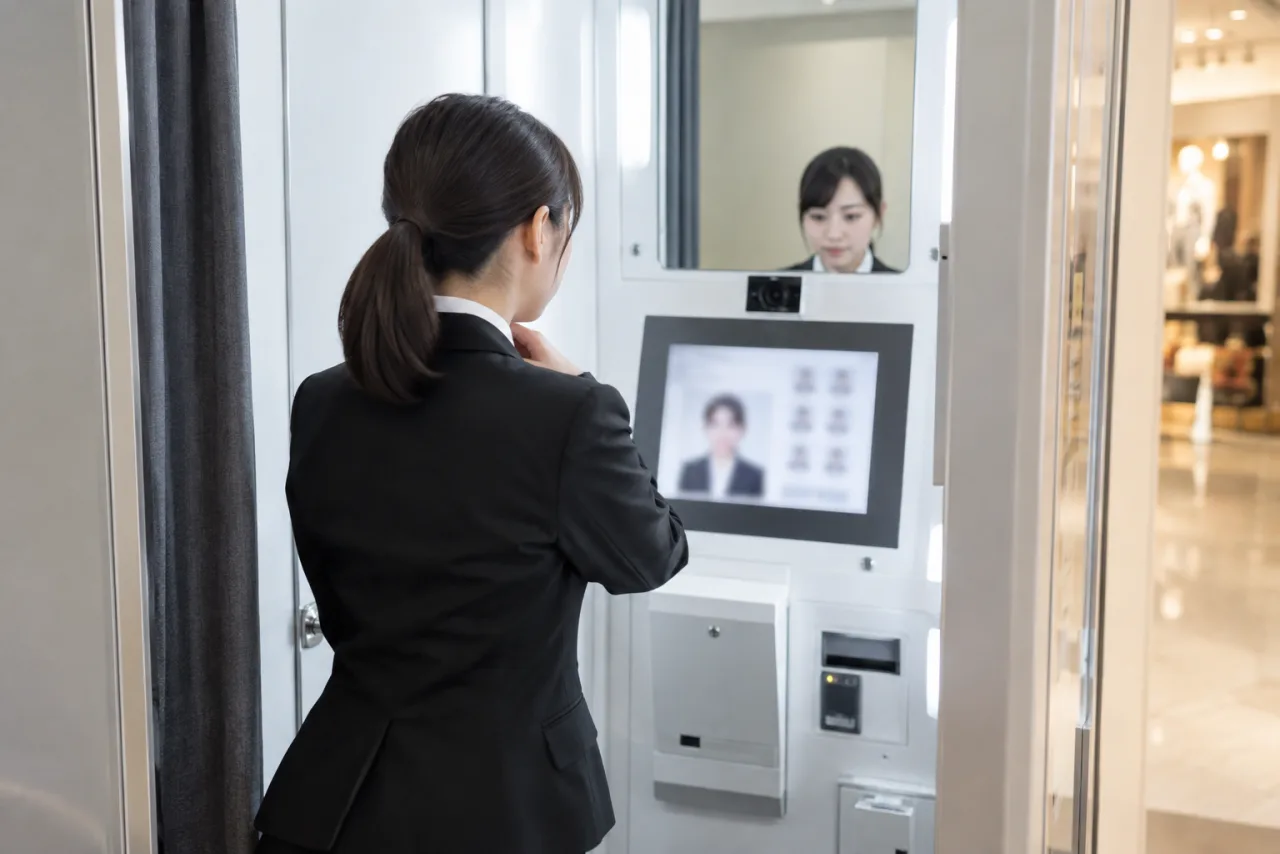 日本人女性が証明写真機で姿勢を整え履歴書写真を撮影している