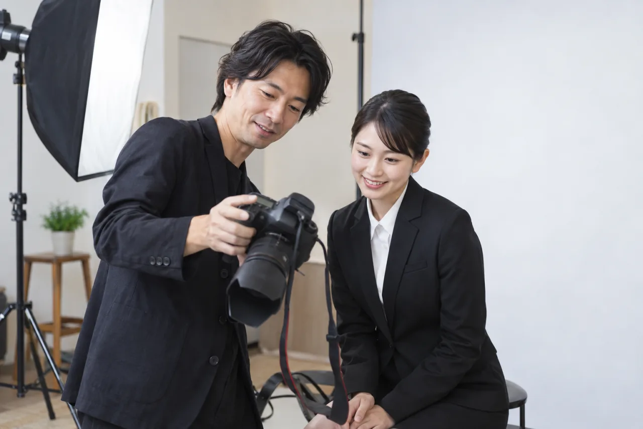 日本人の写真館スタッフが日本人女性の履歴書写真をカメラで撮影している