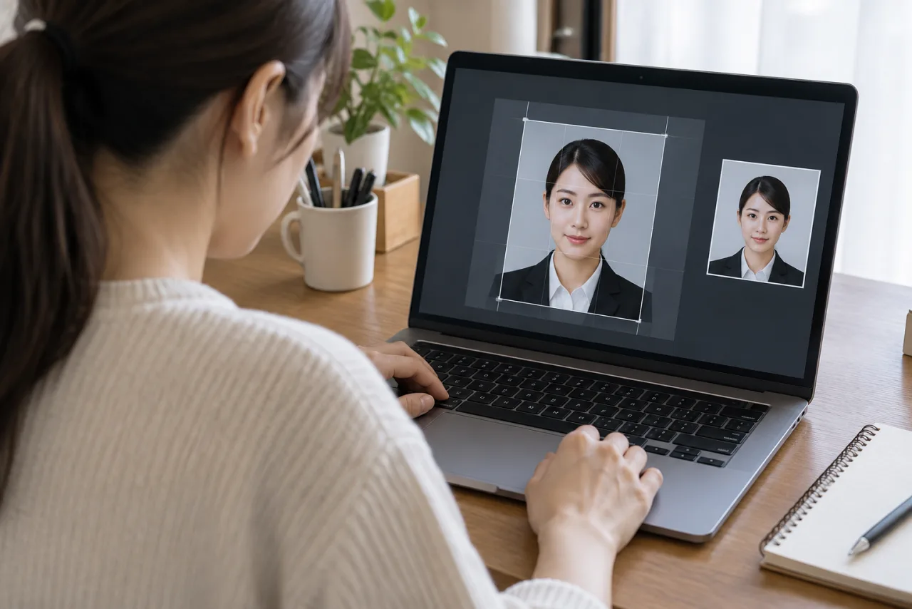 日本人女性がパソコン画面で履歴書写真のトリミング位置を確認している