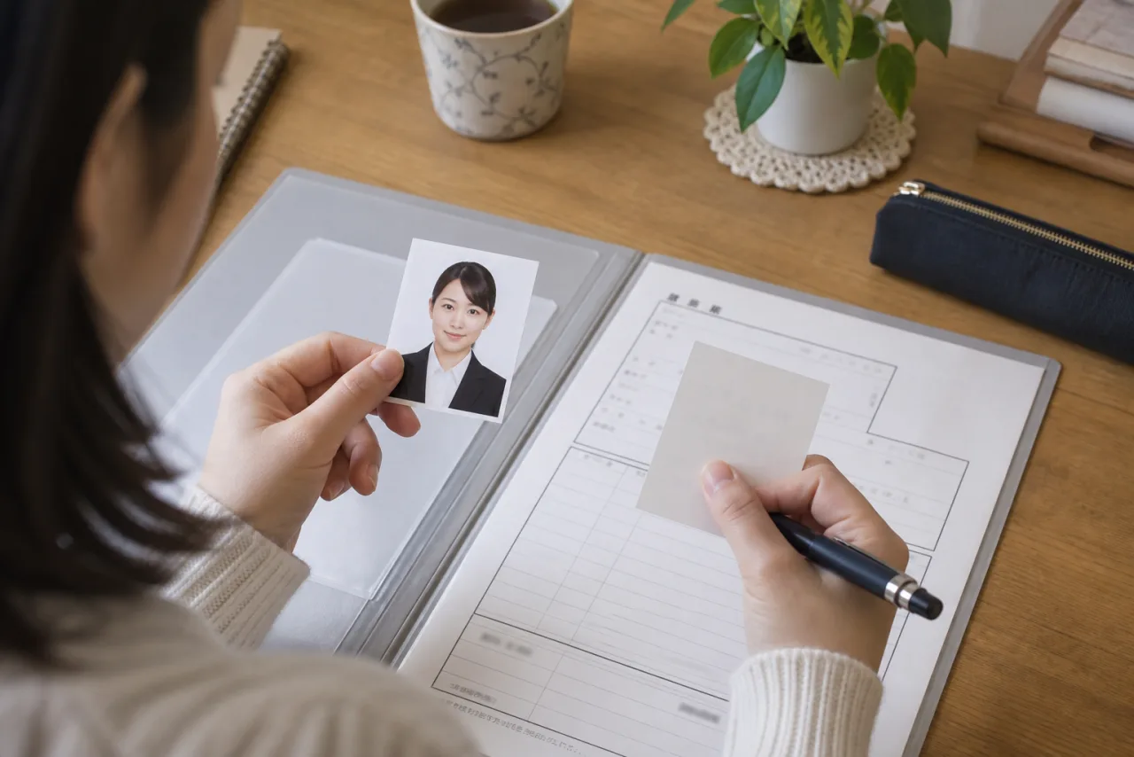 日本人女性が履歴書に貼る写真をフォルダーと一緒に確認している